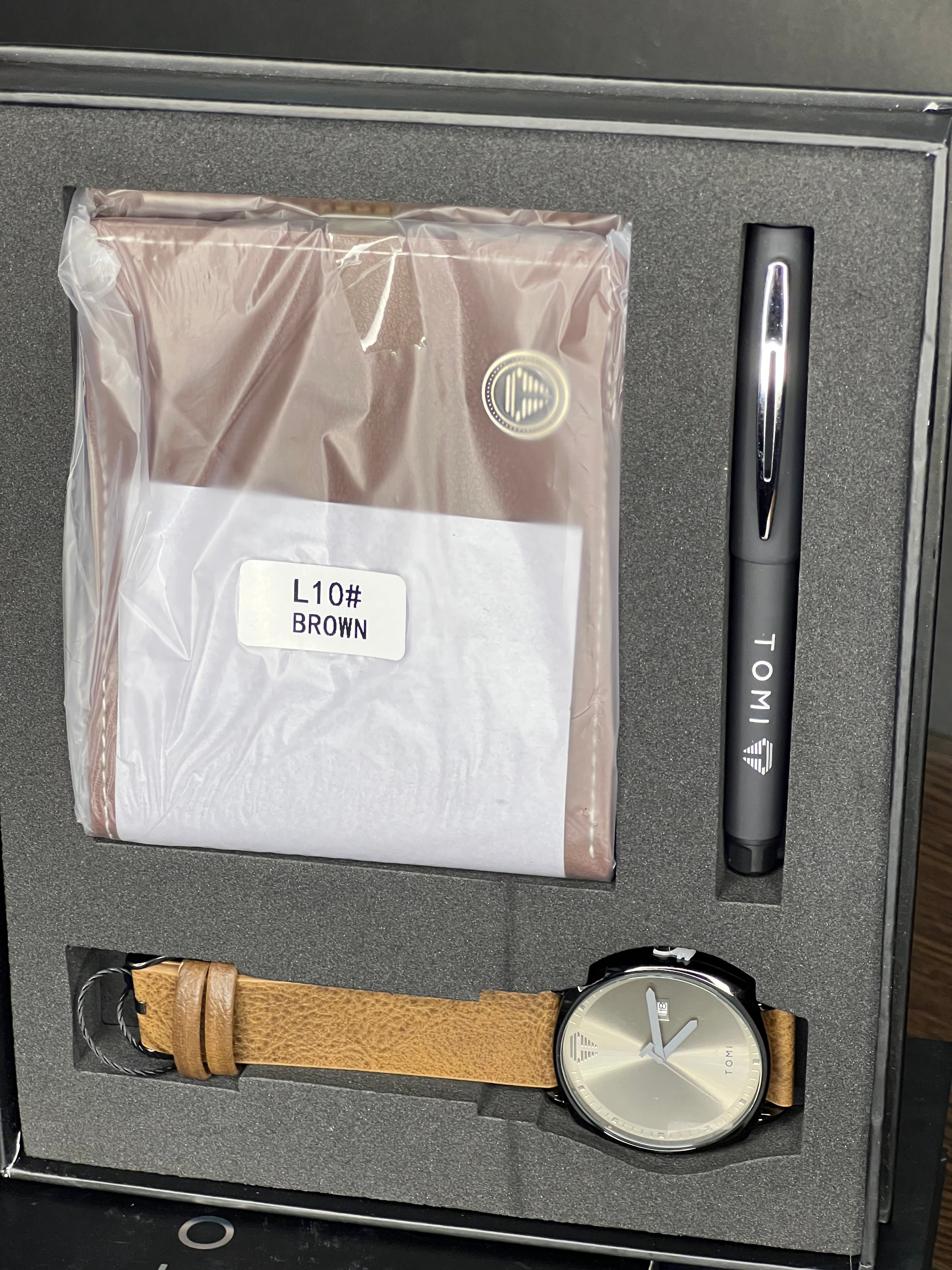 Luxury Gift Set – Brown Leather Wallet, Classic Wristwatch & Elegant Pen