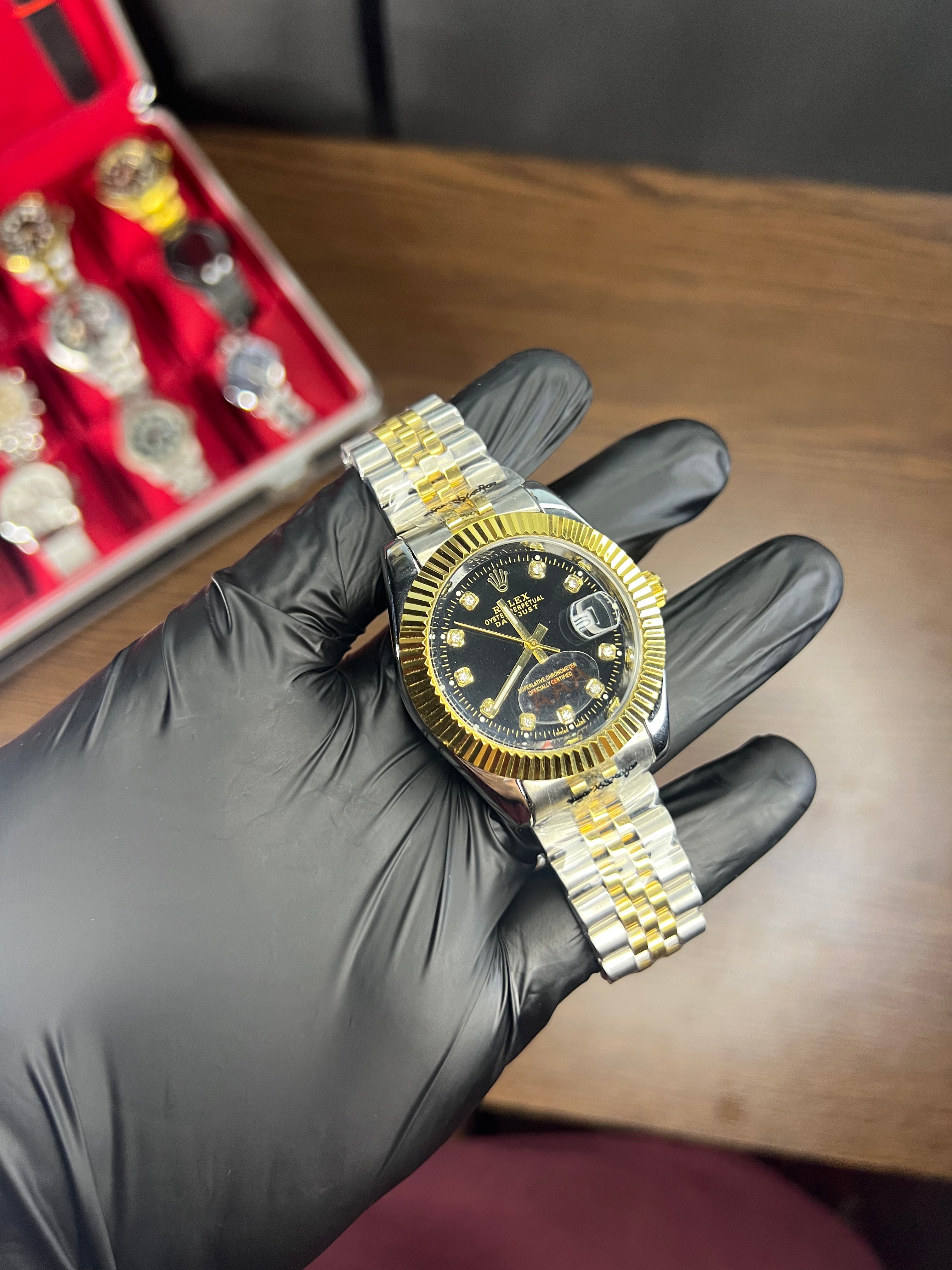 Rolex Datejust Two-Tone Stainless Steel & Yellow Gold and Black Watch