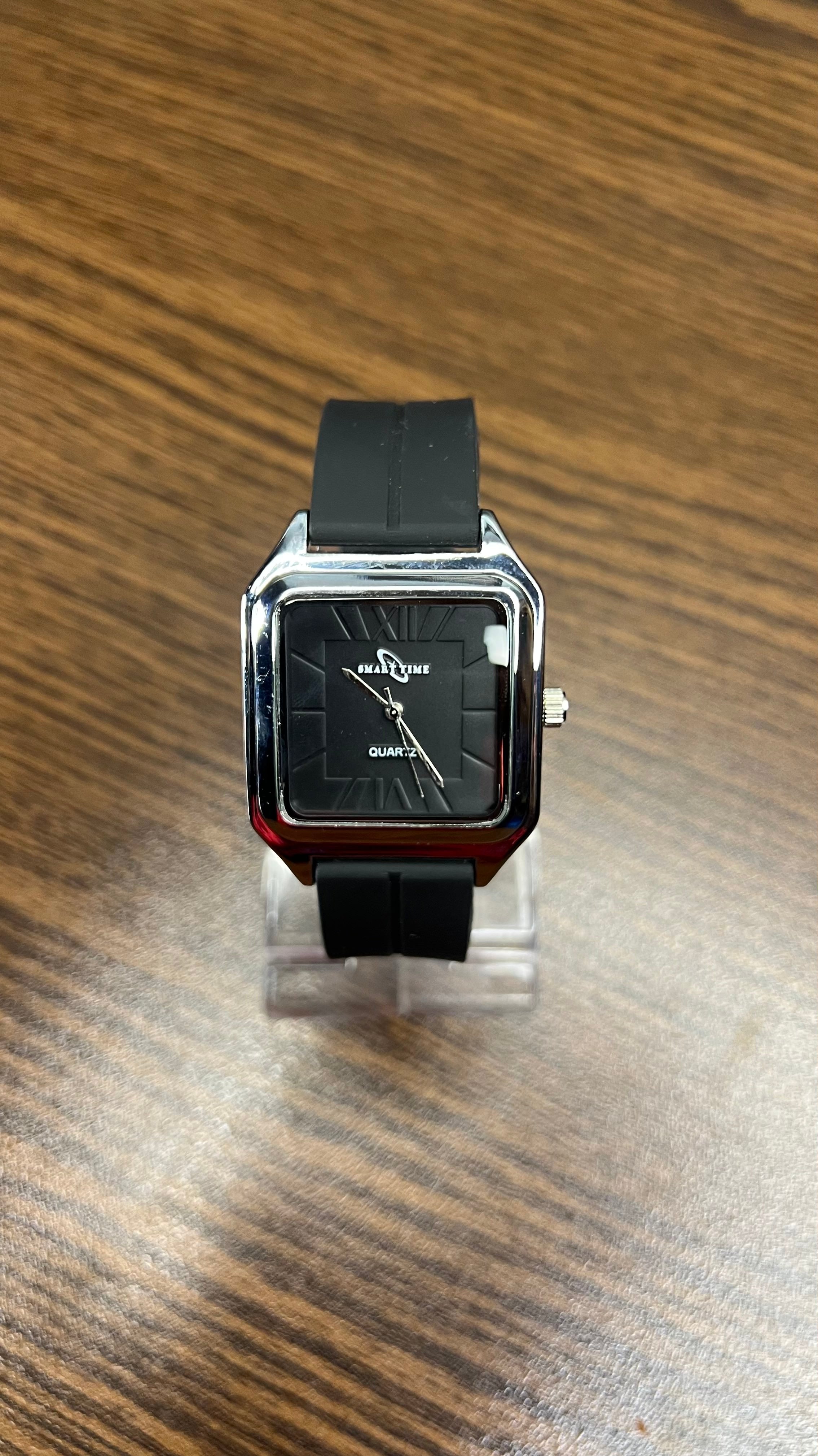 Smart Time Square Black Quartz Watch with Silicone Strap