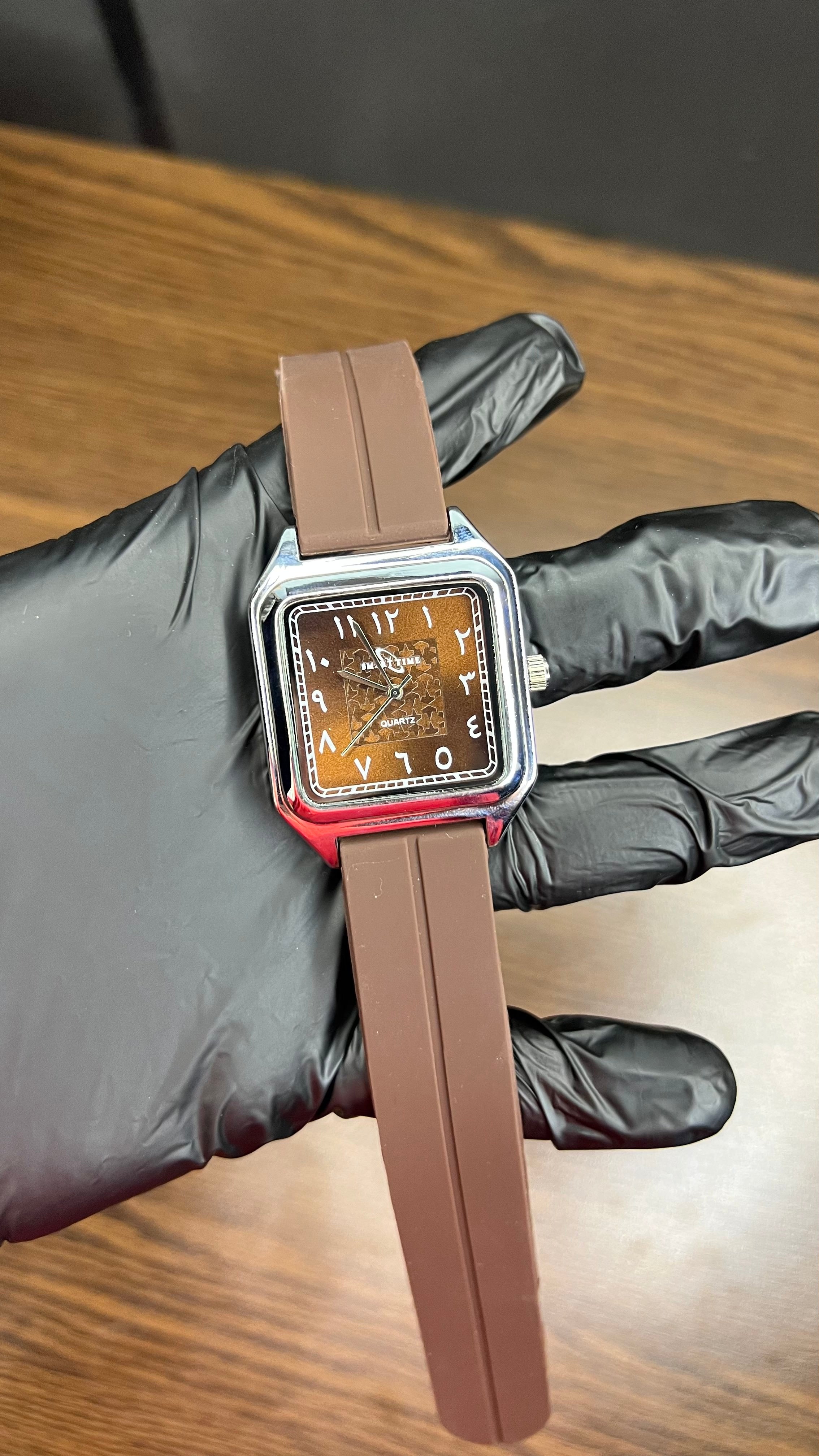 Smart Time Square Brown Arabic Numeral Quartz Watch – Silver Case with Brown Silicone Strap