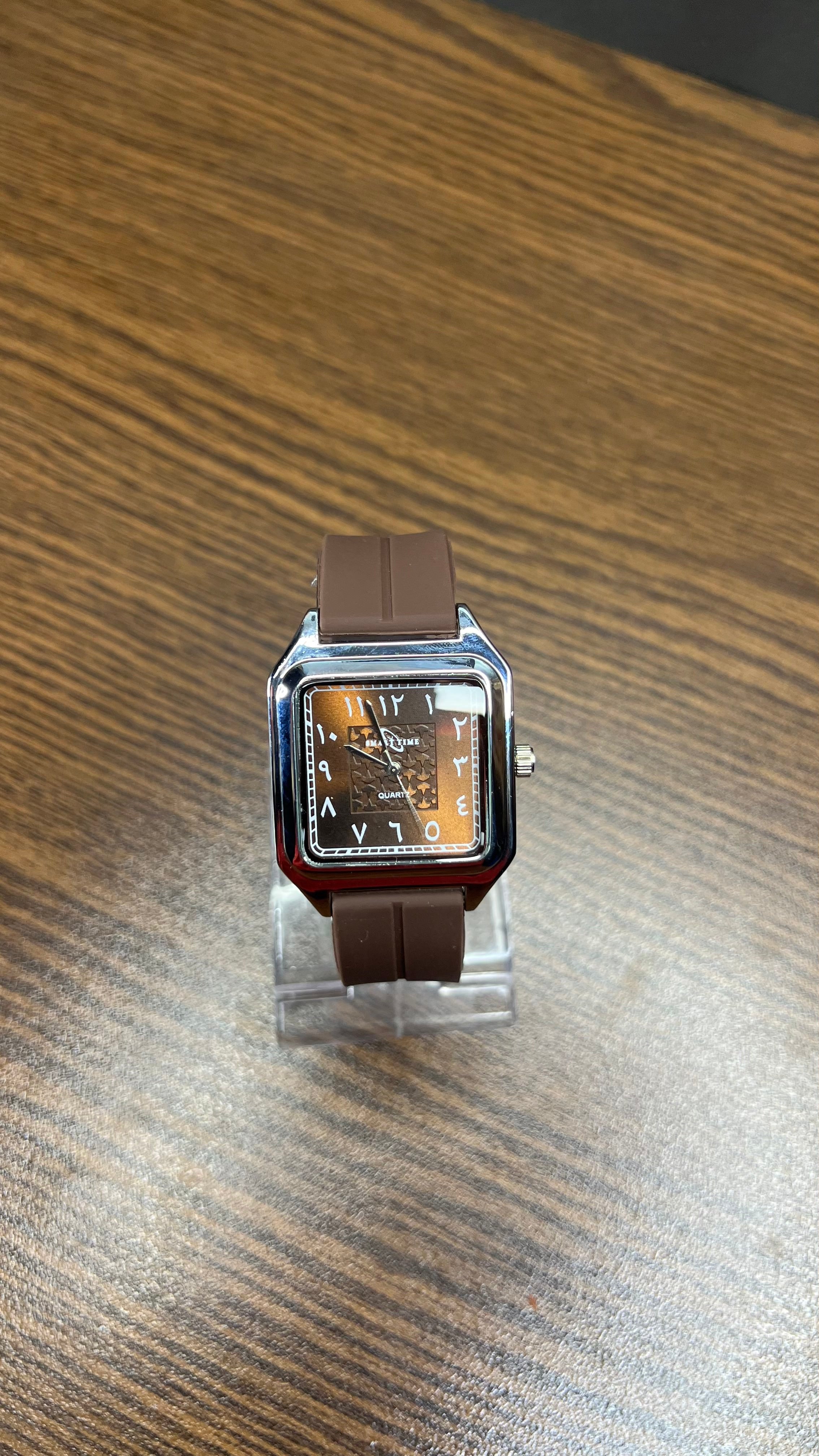 Smart Time Square Brown Arabic Numeral Quartz Watch – Silver Case with Brown Silicone Strap